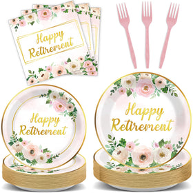 Ojustbeok 9-inch pink floral retirement plates with gold rim for festive farewell celebrations
