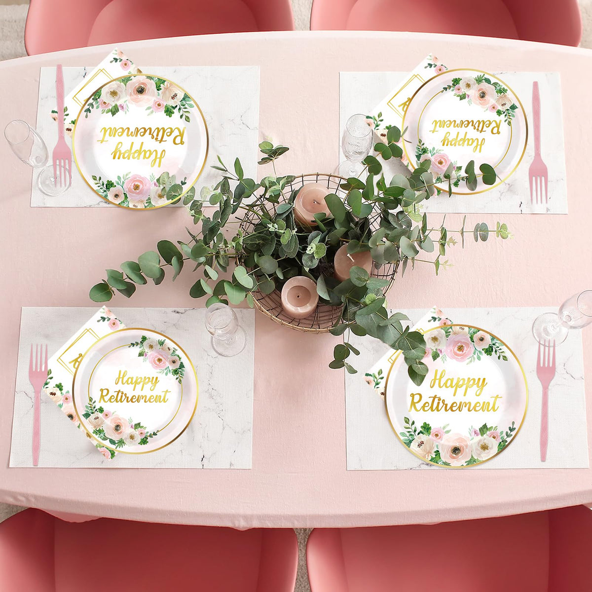Ojustbeok vintage floral design plates with pink flowers and gold rim