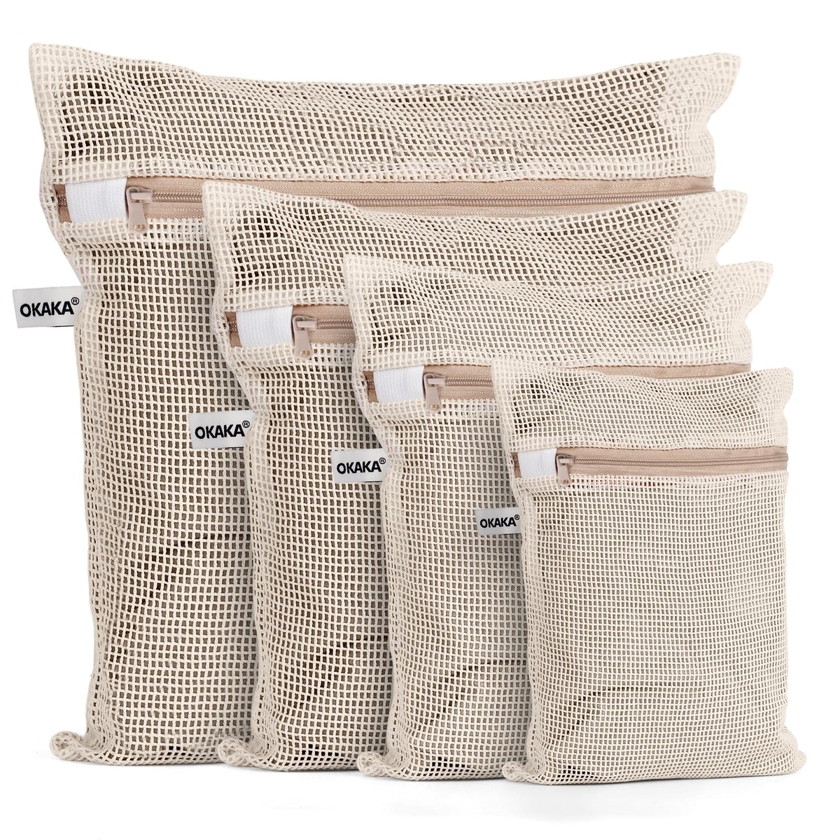 OKAKA 100% cotton mesh laundry bags set of four in natural color for protecting delicates.