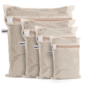 OKAKA 100% cotton mesh laundry bags set of four in natural color for protecting delicates.