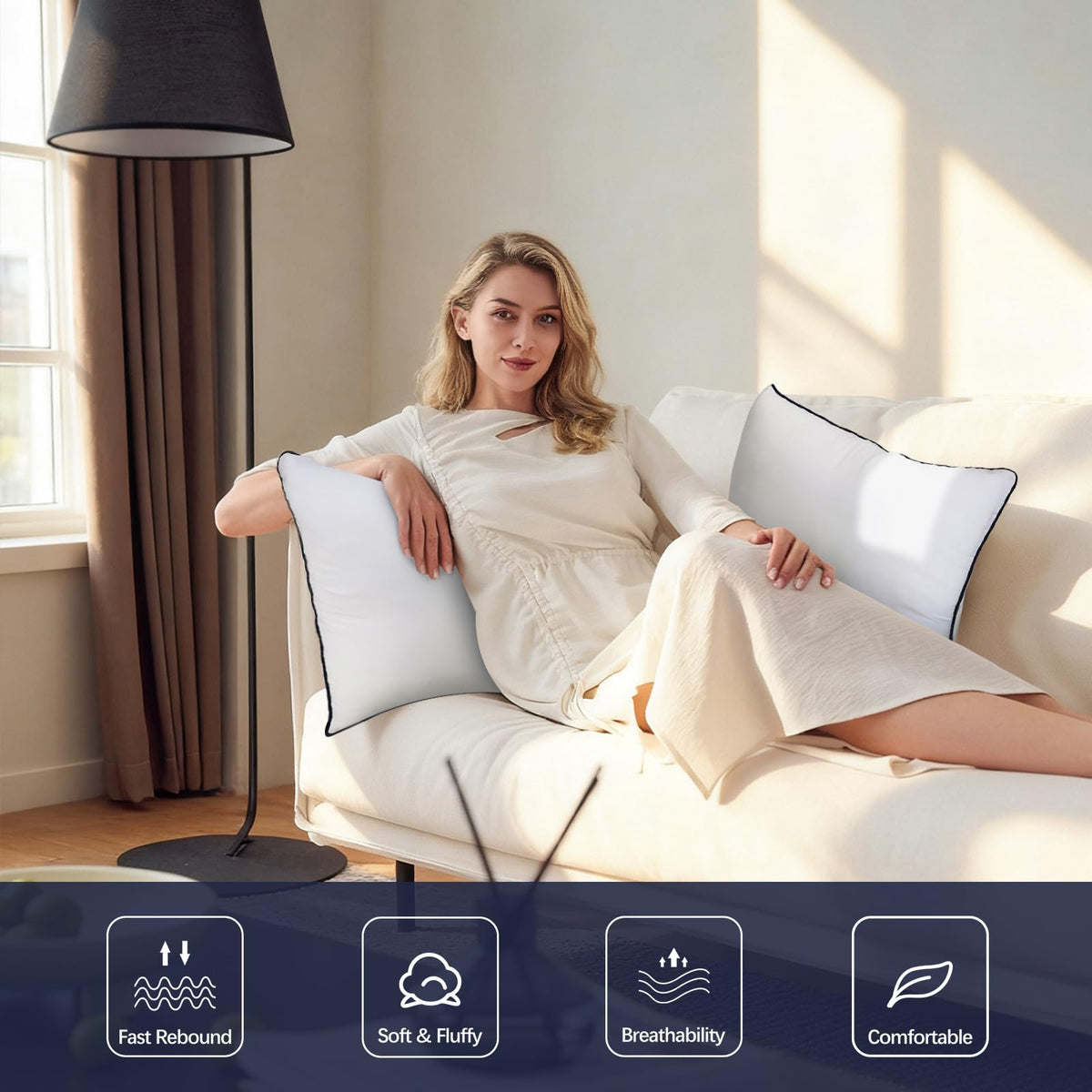 OKBA two-pack pillow inserts fit 22x22 and 23x23 covers.