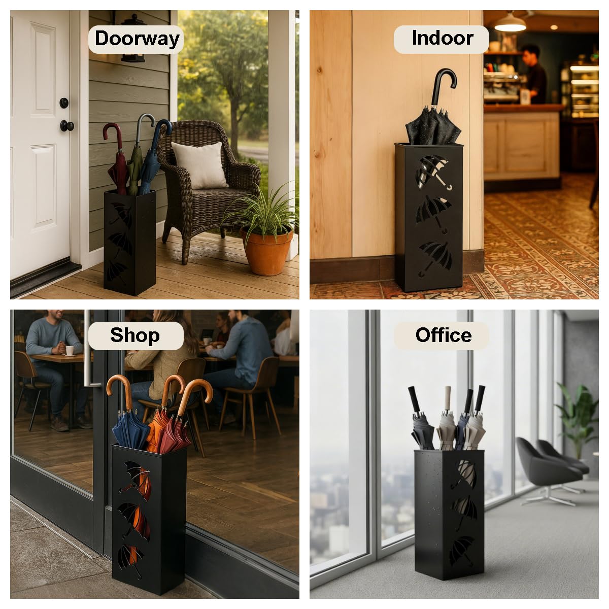 Okllen black metal umbrella holder enhances contemporary decor and storage.