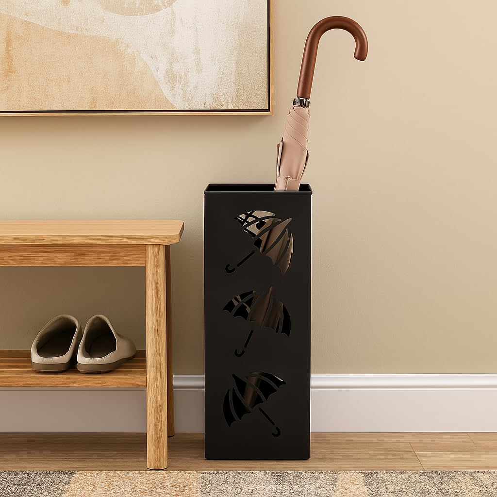 Okllen umbrella holder organizes canes and wrapping paper near the door.