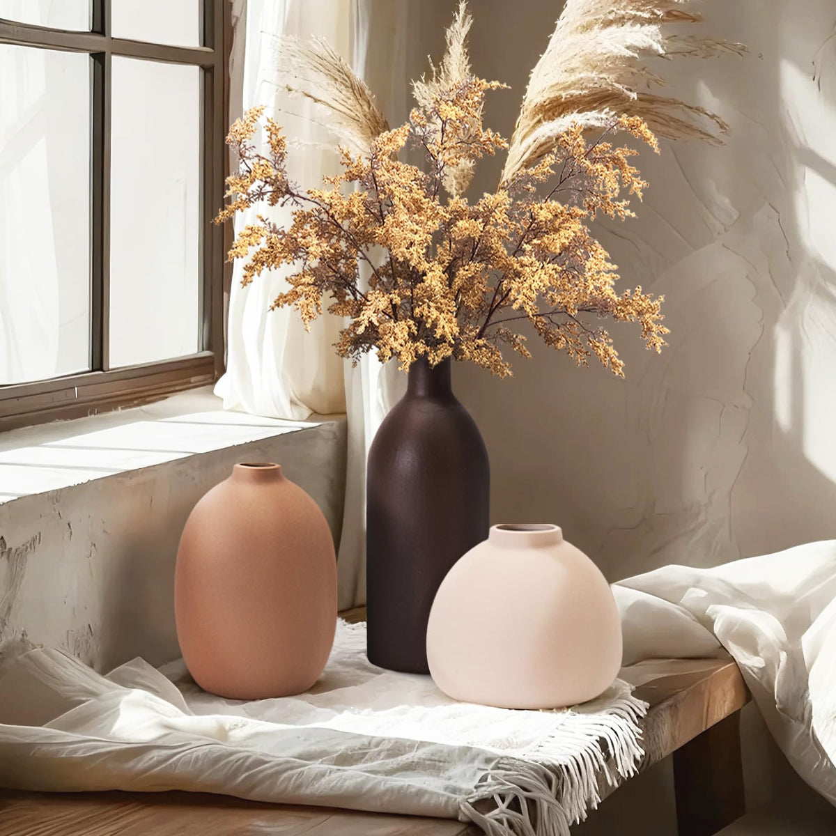 OLACHIKKO vases styled on shelf or mantel elevate minimalist shelves.