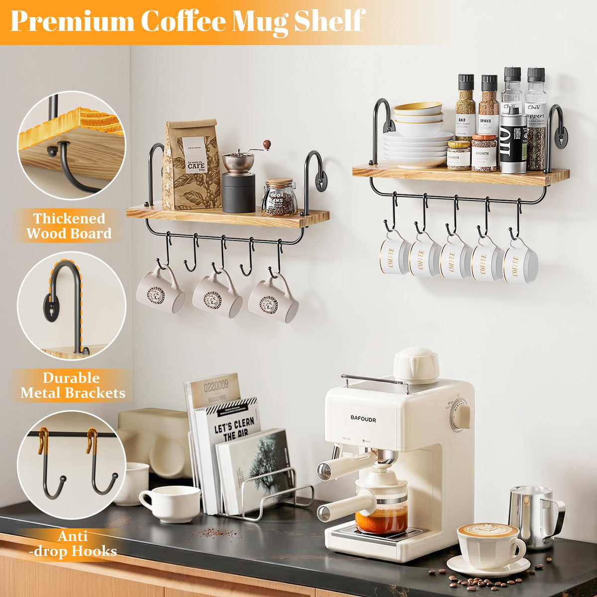 Olakee coffee bar organizer mounted beside coffee maker, neat and accessible.