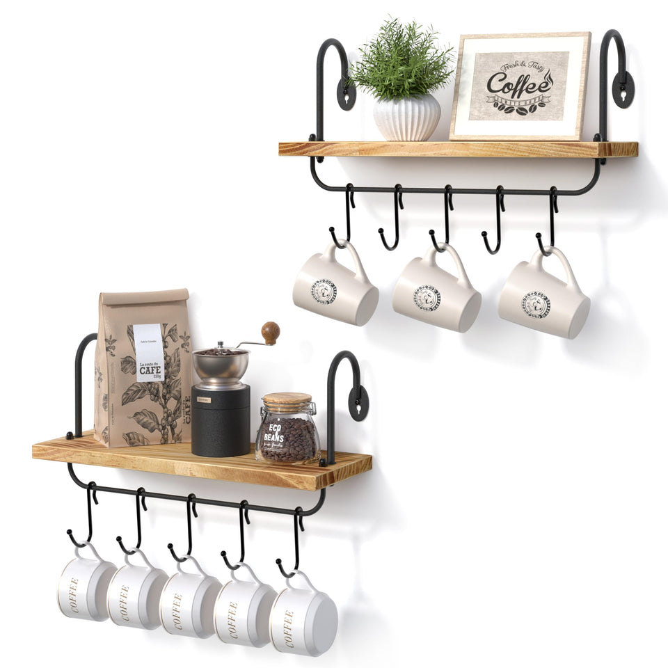 Olakee floating wall shelves in a kitchen with mugs, maximizing counter space.