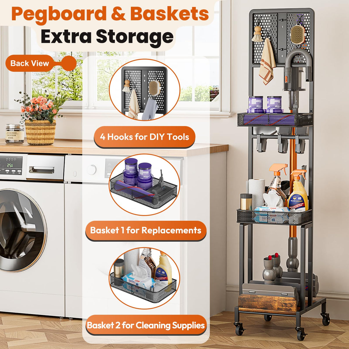 Pegboard hooks and baskets for hoses, gloves, and batteries