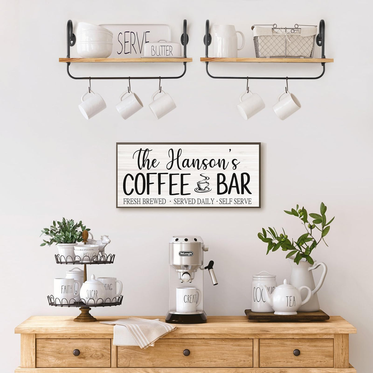 Olakee wall-mounted mug rack with 10 hooks for easy mug access.