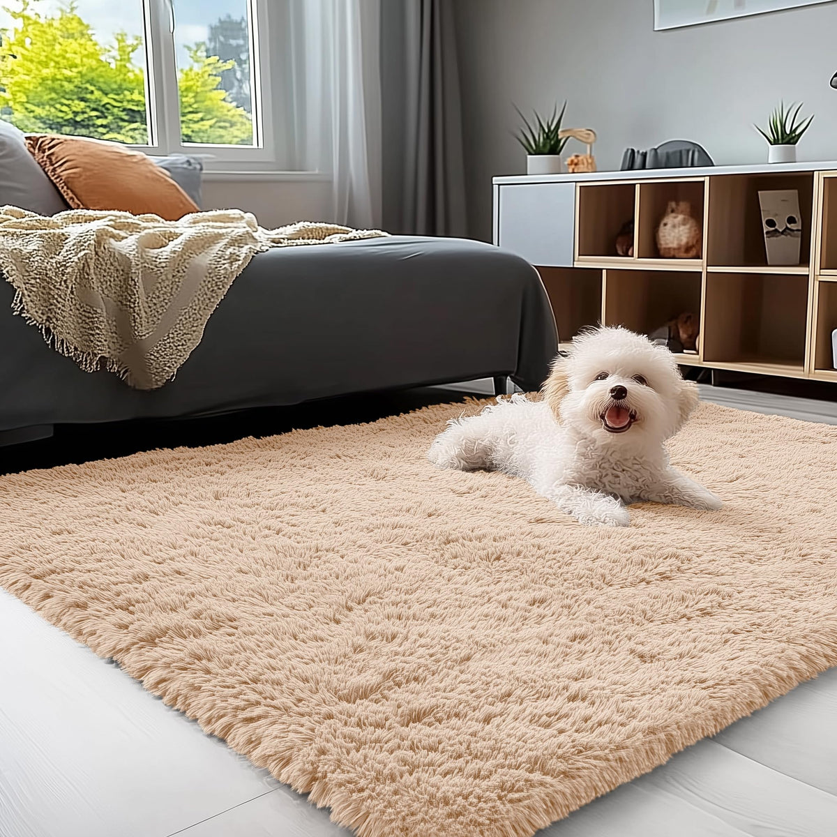 OLANLY 3x5 soft fluffy beige bedside rug adds warm foot comfort.