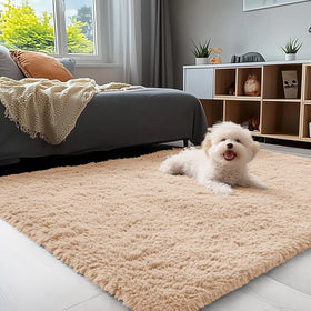 OLANLY 3x5 soft fluffy beige bedside rug adds warm foot comfort.