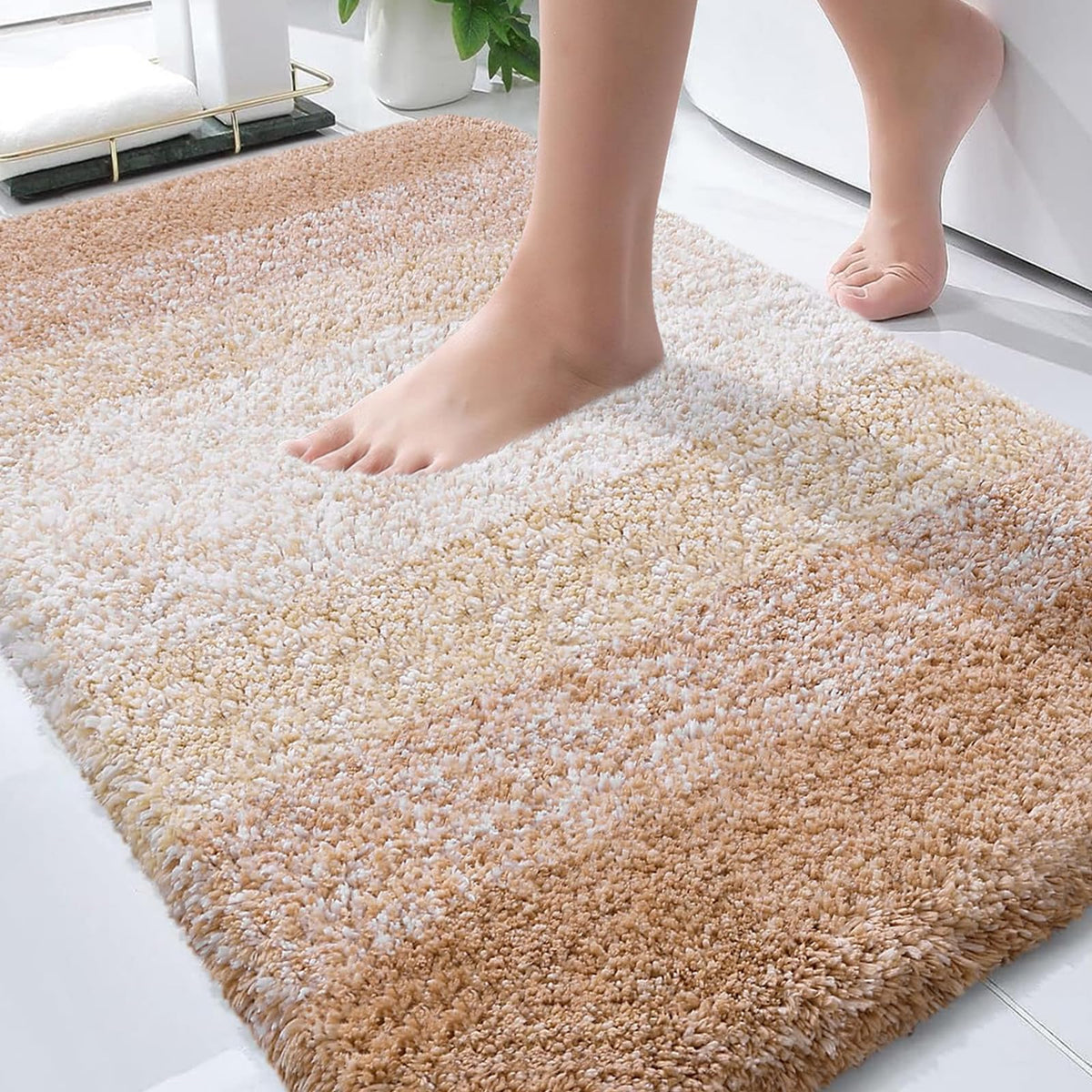 OLANLY bath mat 30x20 beige, front view for cozy, warm steps.