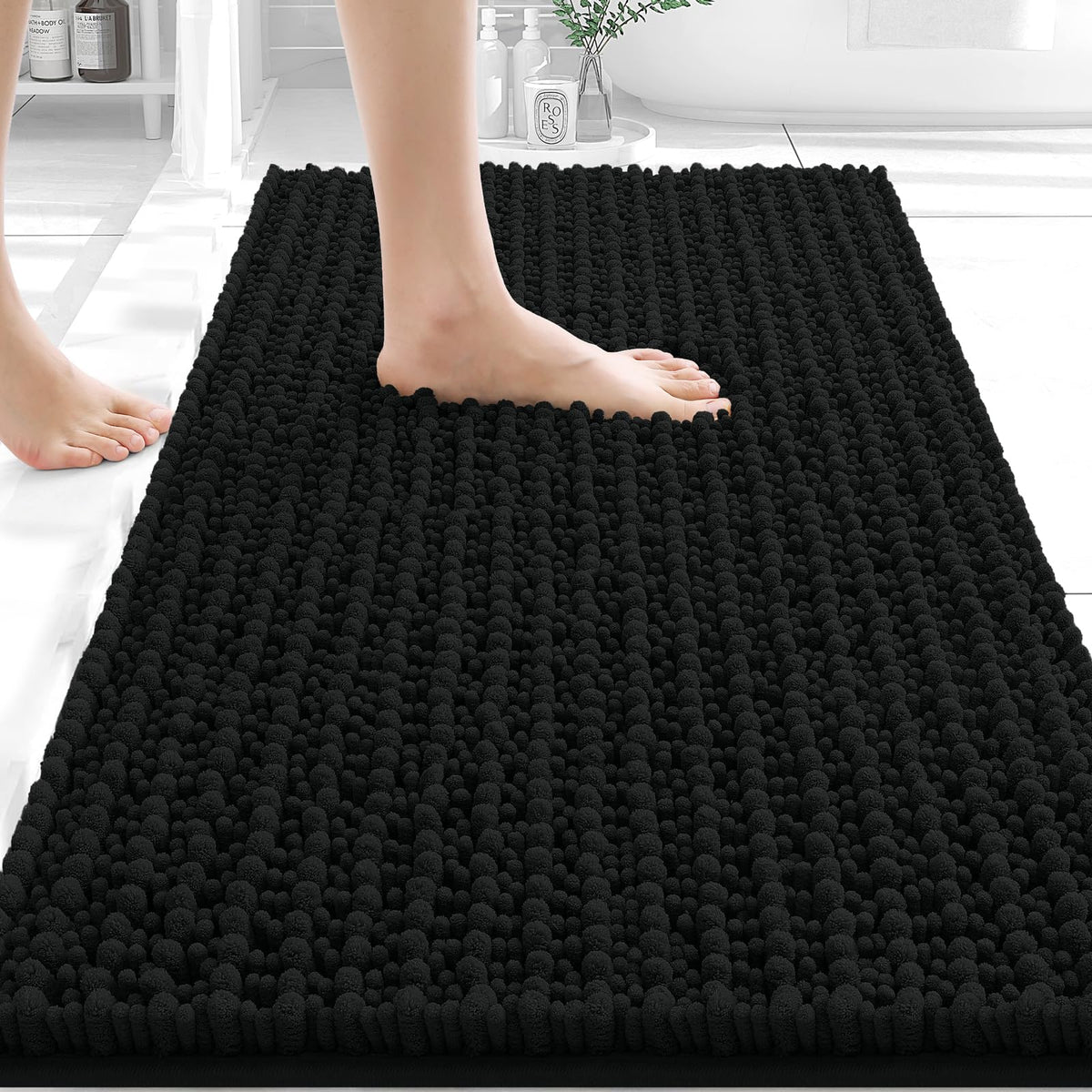 OLANLY bath mat with thick chenille for plush comfort beside the tub