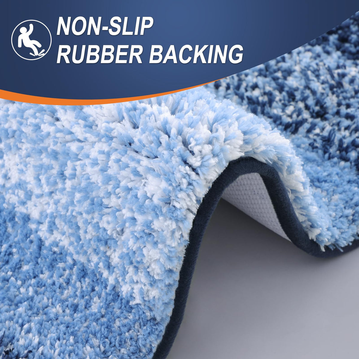 OLANLY gradient-striped navy rug adds décor and foot-warming comfort near sinks