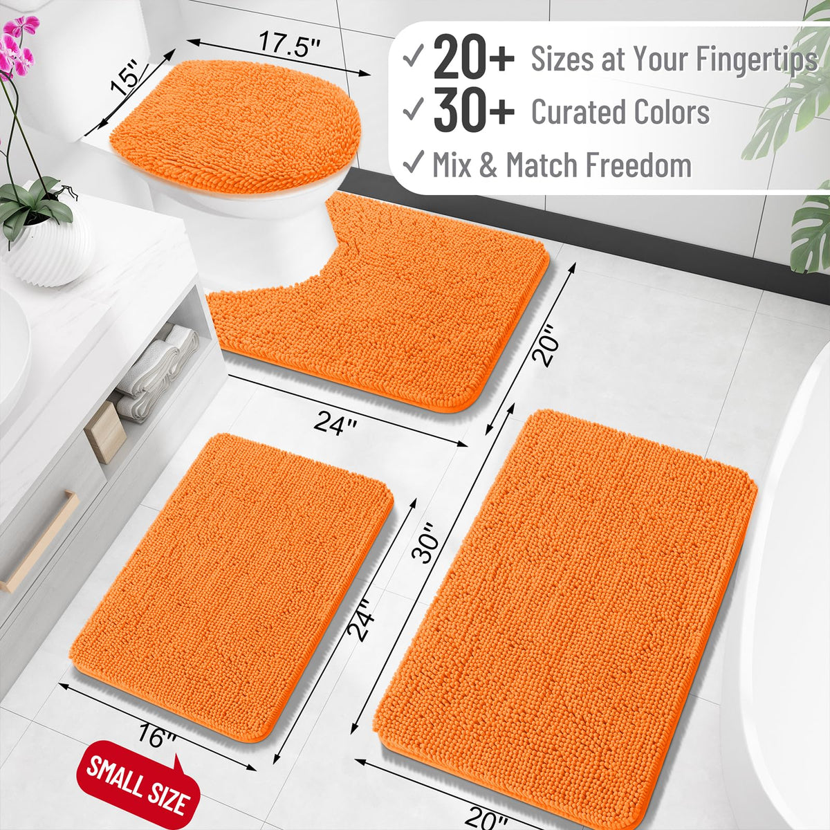 OLANLY orange chenille rug closeup highlights dense pile for superior absorbency.