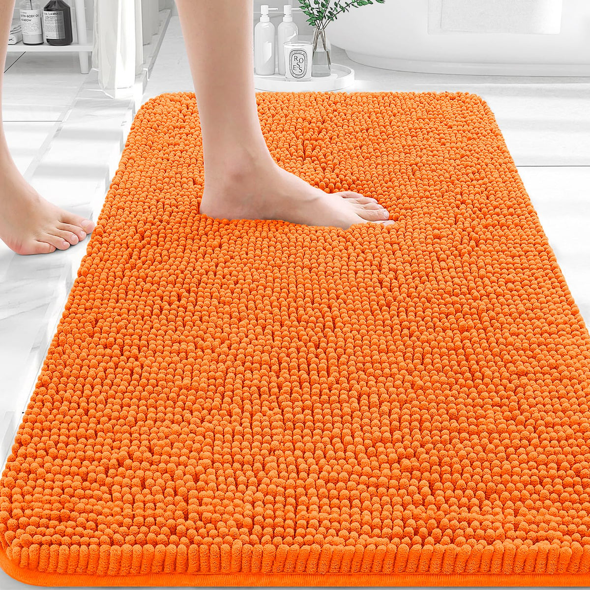 OLANLY bath rug 30x20 in orange with plush chenille for soft, cozy feet.
