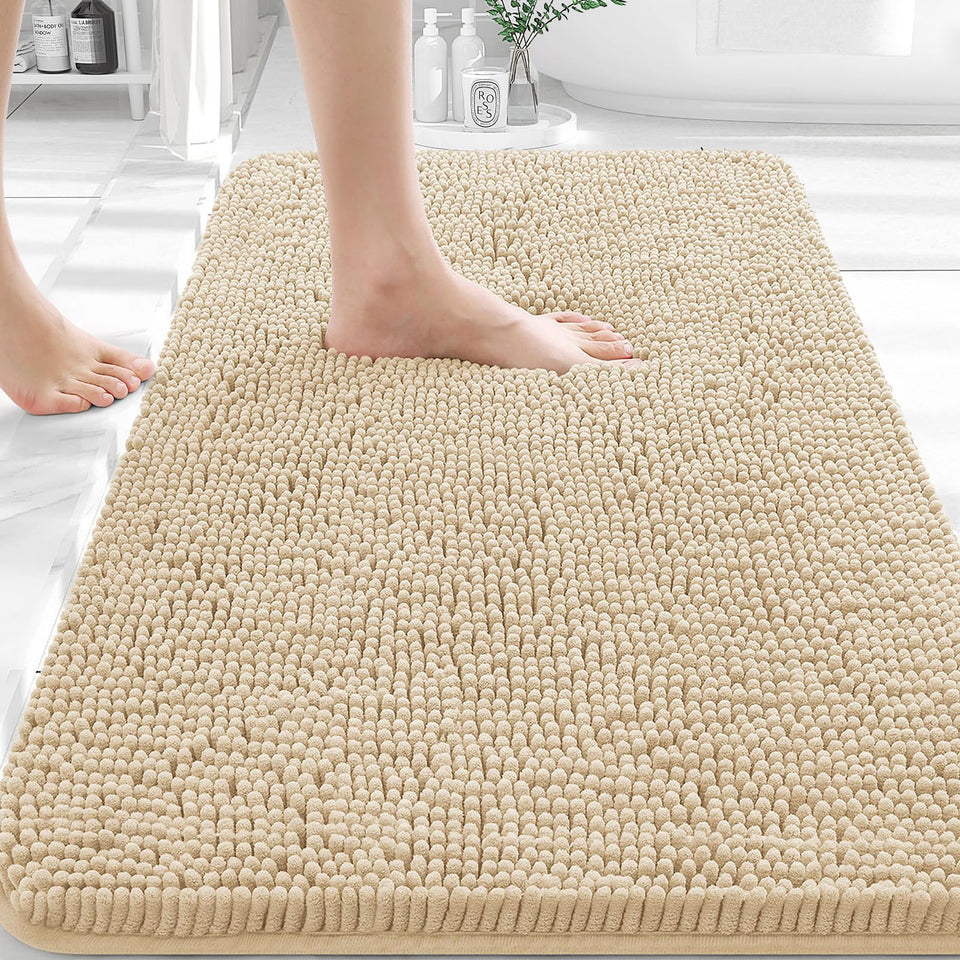 OLANLY bath rug 30x20 soft chenille beige cushions feet and adds cozy bathroom comfort.