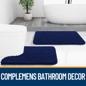 OLANLY navy chenille rug adds style and plush warmth to bathrooms.