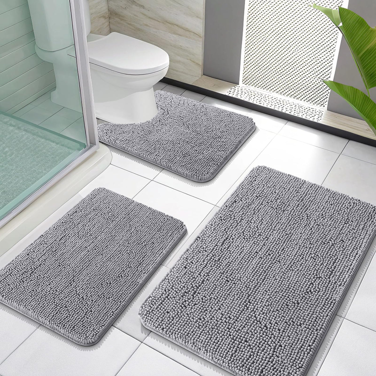 OLANLY 3-piece grey bathroom rug set with soft chenille for cozy feet