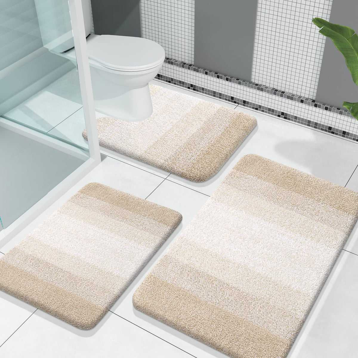 OLANLY bath rug set 3-piece in light beige for cozy bathroom comfort.