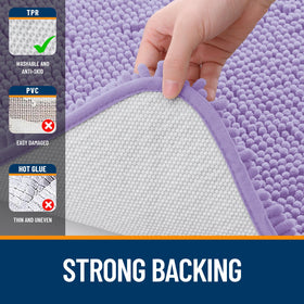 OLANLY lavender rug at sink area adds comfort and keeps feet warm.