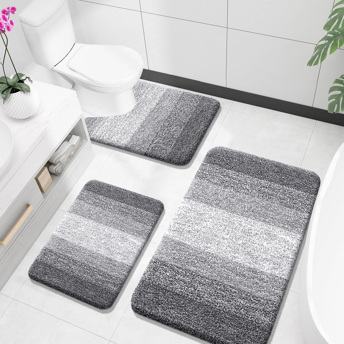 OLANLY 3pc grey bath rugs set offers plush feet comfort and quick drying.