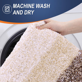 OLANLY décor-friendly rug adds warmth in front of dual sinks.
