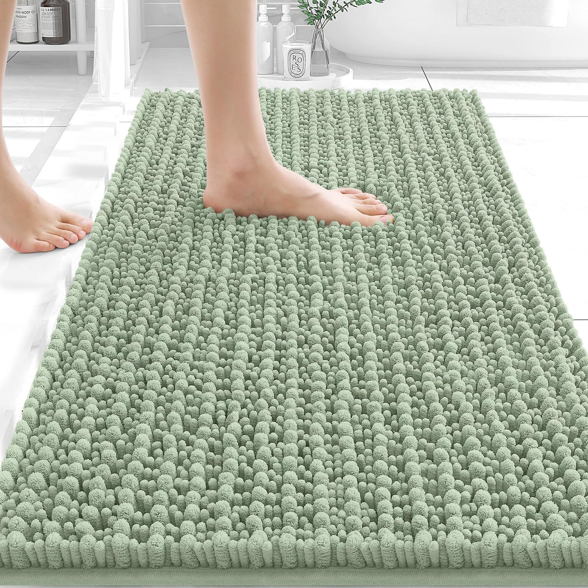 OLANLY 30x20 sage green bathroom rug shows plush chenille texture for comfort