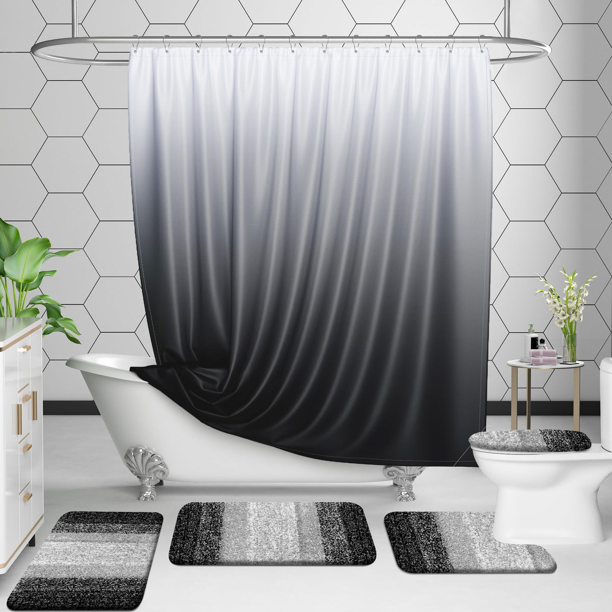 OLANLY two-piece set fits in front of shower area for versatile placement