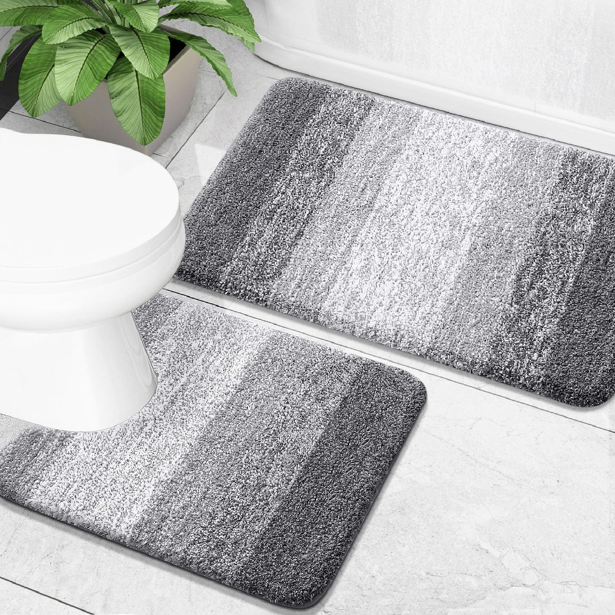 OLANLY 2-piece grey bathroom rug set, front view, plush microfiber comfort.