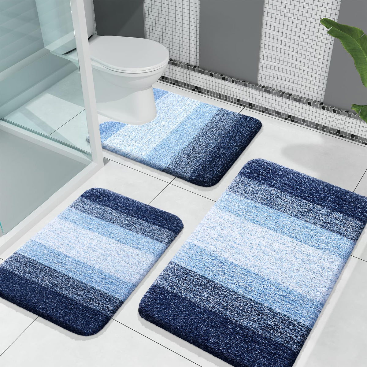 OLANLY bath rug set navy with plush microfiber and non-slip backing.