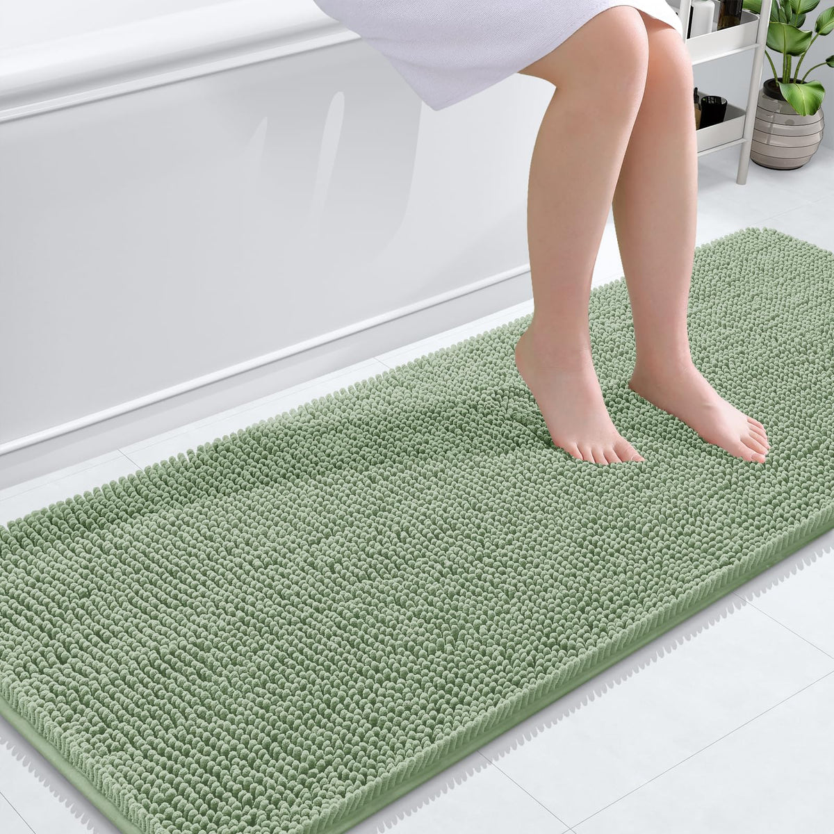 OLANLY bathroom runner rug in sage green with soft chenille for warm, cozy feet.