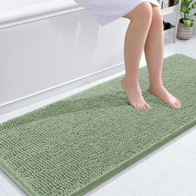 OLANLY bathroom runner rug in sage green with soft chenille for warm, cozy feet.