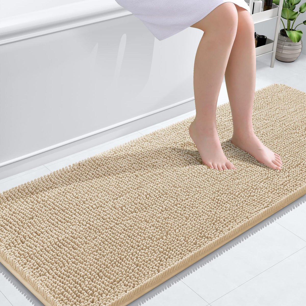 OLANLY beige chenille rug close-up reveals ultra-soft texture for feet