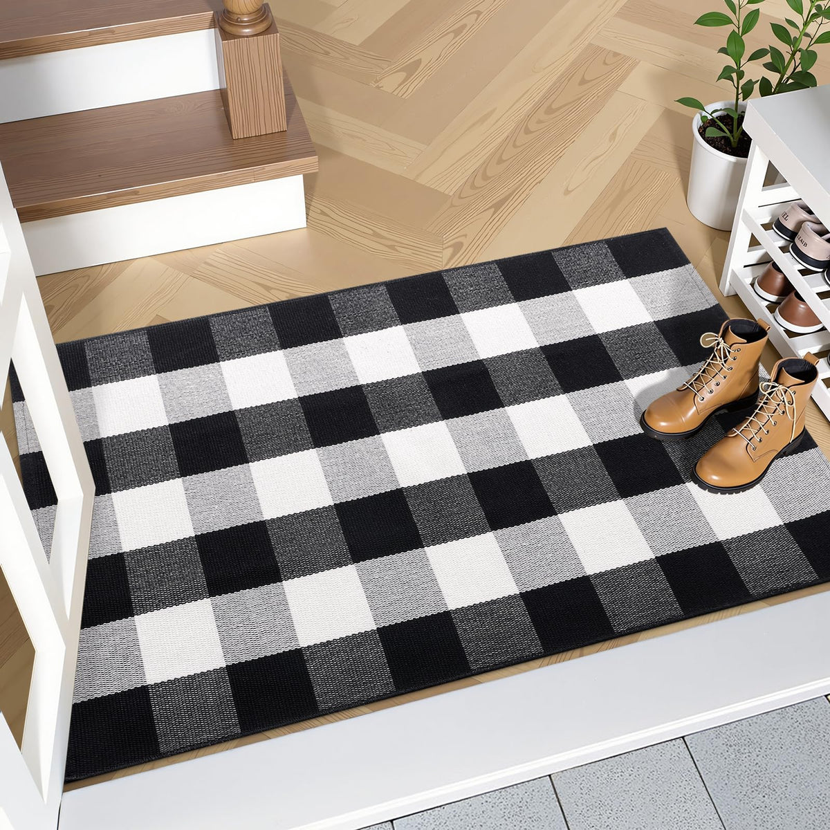 OLANLY Buffalo Plaid Rug easy-clean routine with vacuum or gentle machine wash.
