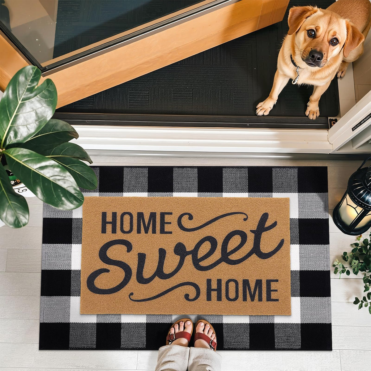 OLANLY Buffalo Plaid Rug front porch layering demonstrates versatile indoor outdoor use.
