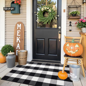 OLANLY Buffalo Plaid Rug soft aesthetics for layered front porch decor.