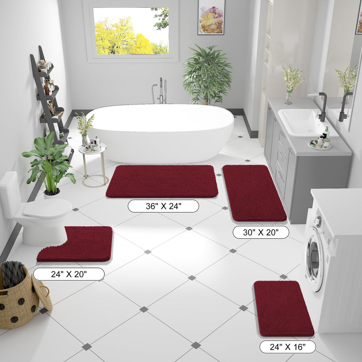 OLANLY burgundy mat complements contemporary bathroom decor with warm tones.
