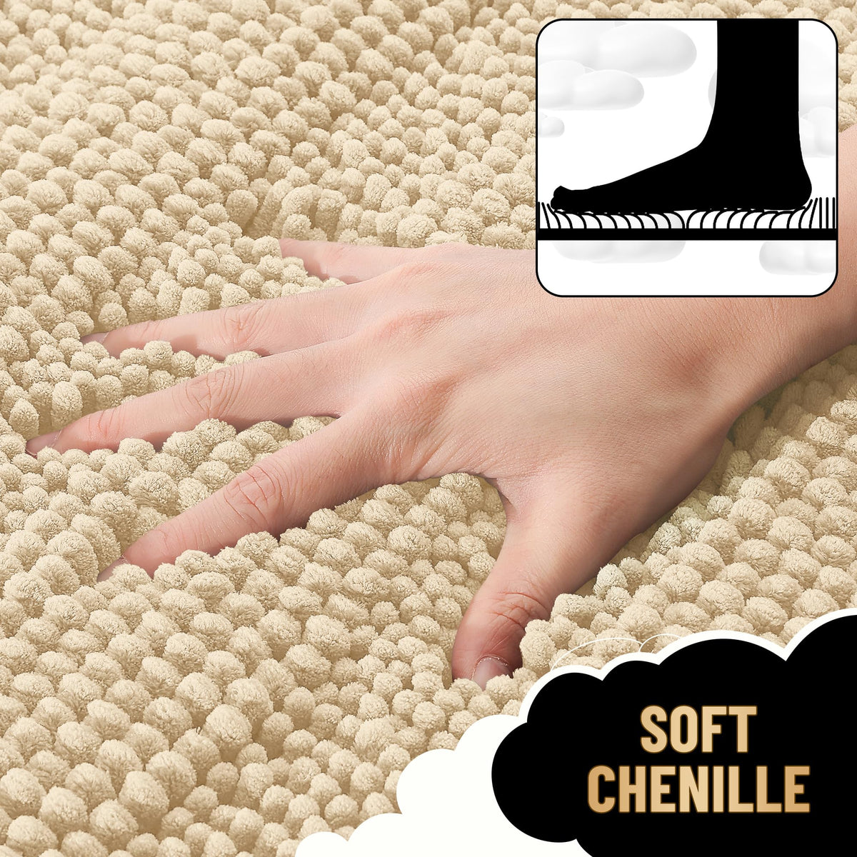 OLANLY chenille-striped bath mat provides absorbent, quick-drying surface after showers.