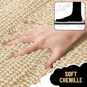 OLANLY chenille-striped bath mat provides absorbent, quick-drying surface after showers.