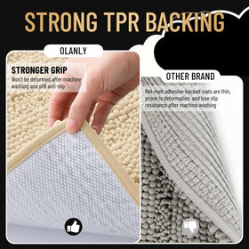 OLANLY non-slip rubber backing keeps the mat in place on tiled floors.