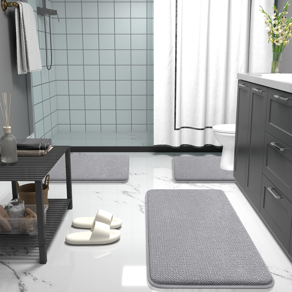OLANLY gray bath mat placed by tub for daily routines