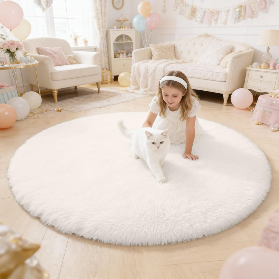 OLANLY Ivory Round Rug closeup showing ultra-soft fibers for cozy feet.