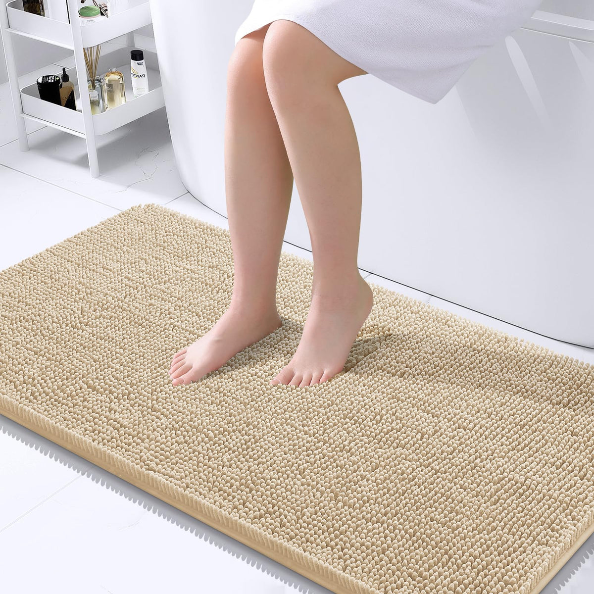OLANLY large beige bath rug with chenille pile for plush warmth and quick absorption
