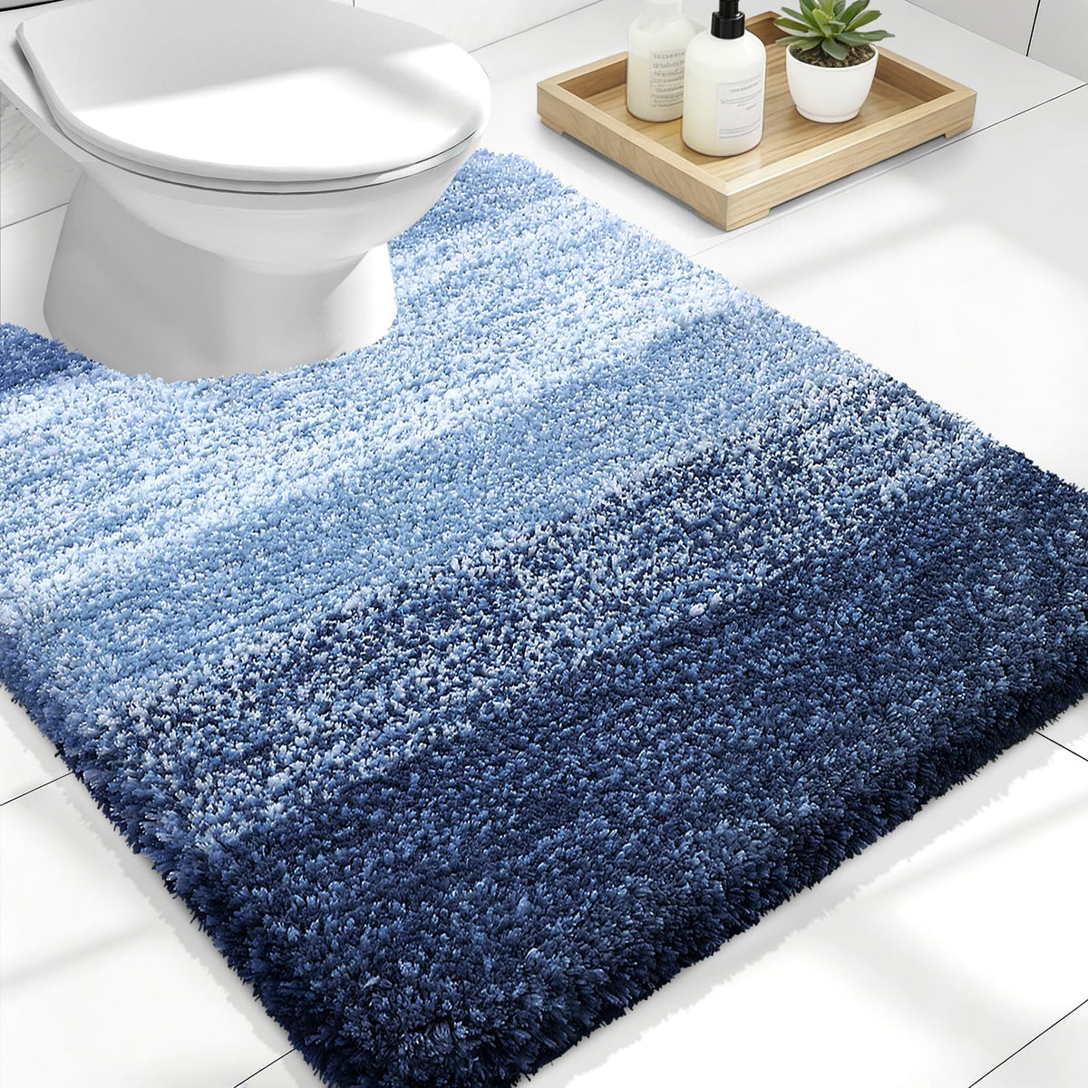 OLANLY luxury toilet rug U-shaped 24x20 inches in navy for warm, soft feet after shower