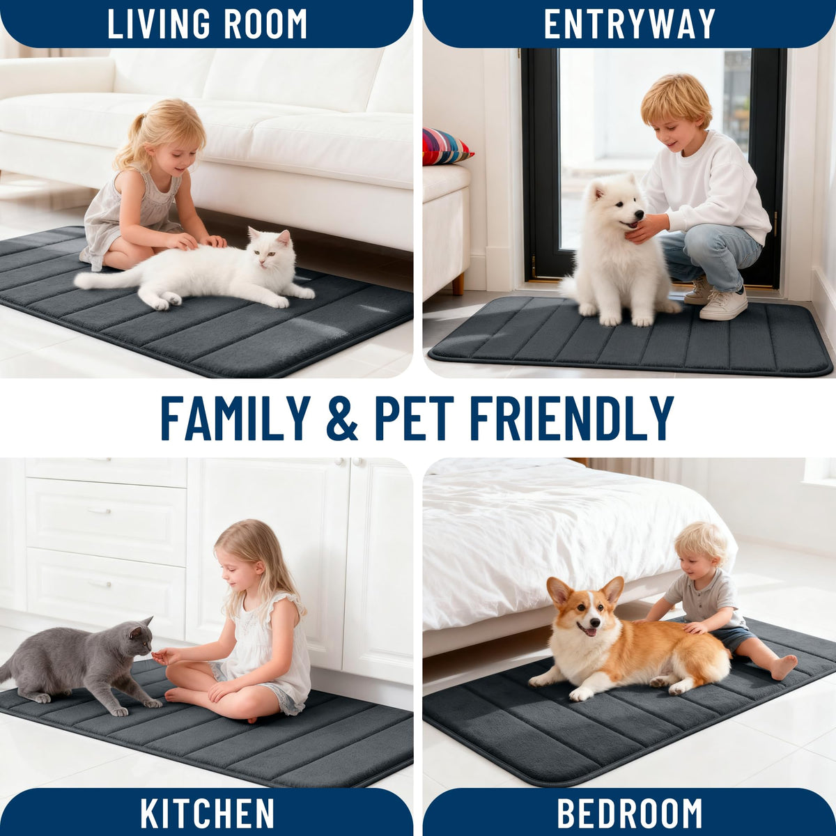 OLANLY 30x20 memory foam mat fits beside sinks, showers, or entryways.