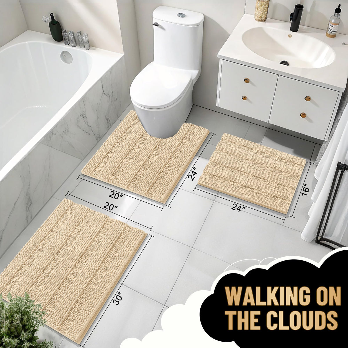 OLANLY plush striped mat elevates bathroom decor with comfortable step-ins.