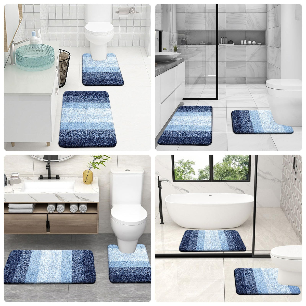 OLANLY navy bath rug set for front-of-sink use adds comfort.
