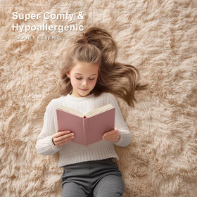 OLANLY beige rug with non-slip dots and thick felt bottom for grip.