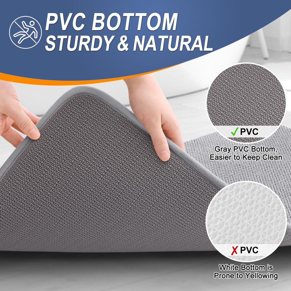 OLANLY non-slip PVC-backed mat keeps feet steady on clean, dry bathroom floors.
