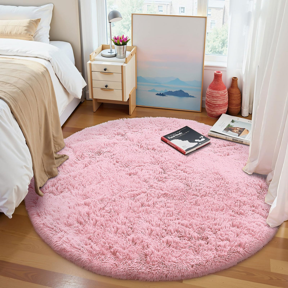 OLANLY pink round rug closeup fur shows dense pile and luxury